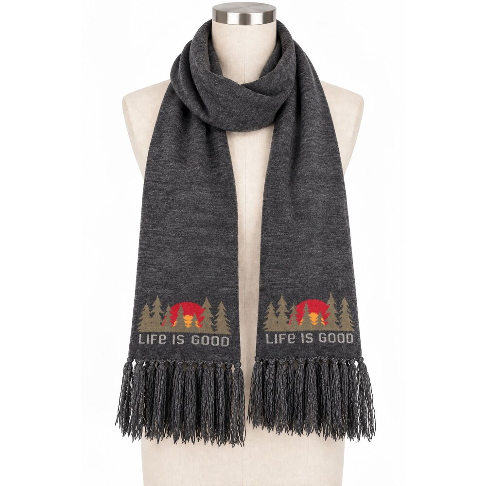 Life is Good Knit Scarf Fringe Logo Long Tree Sunrise Print Outdoors Nature
